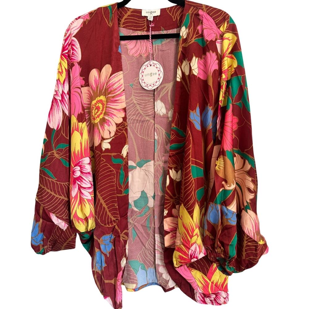 Umgee Tropical Floral Open Front Kimono Coverup Balloon Sleeve